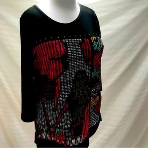 Flattering tunic from Piccadilly in black with pink, white& gold. Size S.